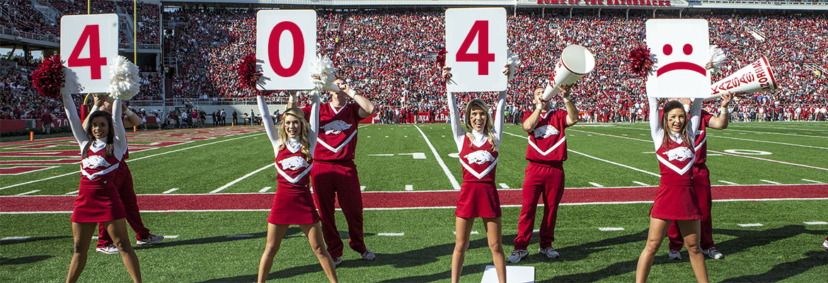 Razorback cheerleaders holding up signs edited to read 404