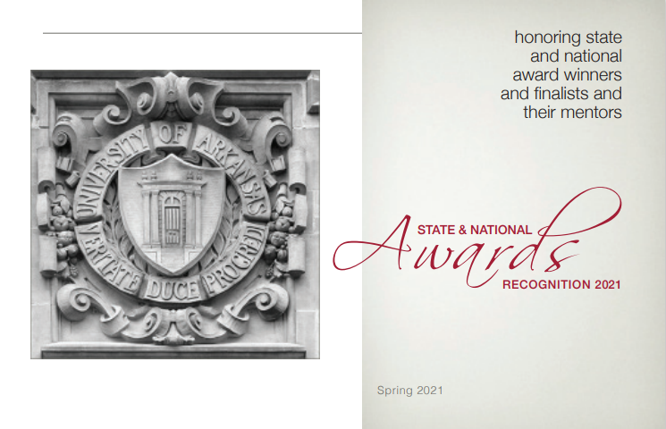 Cover of the 2021 Awards booklet, featuring a photo of an architectural sculture of the seal of the University, and the text 'State and National Awards Recognition 2021, honoring state and national awards winners and finalists and their mentors'.