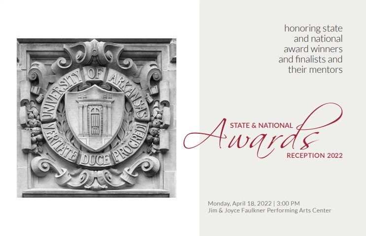 Cover of the 2022 Awards booklet, featuring a photo of an architectural sculture of the seal of the University, and the text 'State and National Awards Recognition 2022, honoring state and national awards winners and finalists and their mentors'.